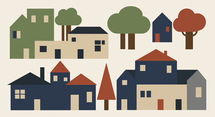 Obraz premium Abstract Houses and Trees Minimalist Geometric Design.