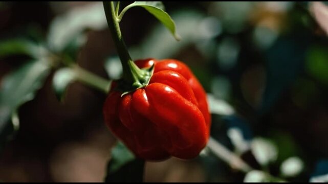 A vibrant, ripe red hot pepper hangs from its stem in a lush garden, bathed in warm, natural sunlight. This extreme close-up shot highlights the pepper's glossy, textured skin against a beautifully bl