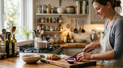 Fototapeta premium Woman chopping onion in sunlit kitchen with wooden board and fresh ingredients background