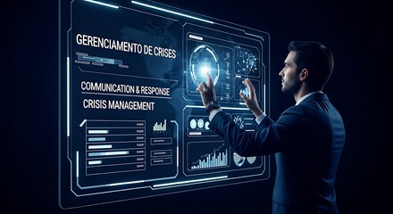 Crisis management concept. A specialist's hands simulate a crisis scenario on a holographic panel, activating a communication and response plan.