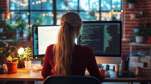 Focused woman coding on dual monitors in a cozy plant-filled home office with warm string lights, exposed brick wall, desk lamp and coffee mug