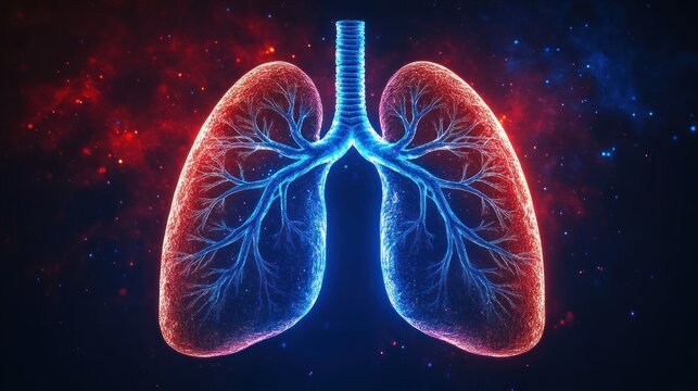 Glowing neon human lungs with branching bronchi and trachea against a cosmic red and blue starry background, evoking vitality and breath