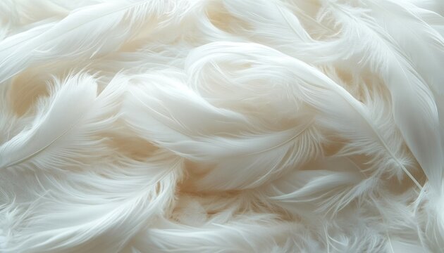 Close-up of white fluffy feathers layered in a soft, airy texture with creamy highlights, evoking calm, gentleness, and dreamlike softness