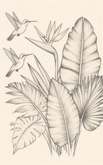 Naklejka premium Tropical birds soar above lush intricately detailed jungle foliage in