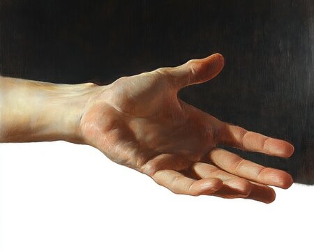 realistic painted outstretched human hand and forearm, palm up in an open inviting gesture with warm light, deep shadow and a sense of offering and vulnerability