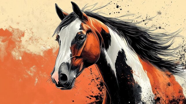 Expressive pinto horse portrait with flowing black mane, paint splatters and warm orange beige background conveying bold energetic motion