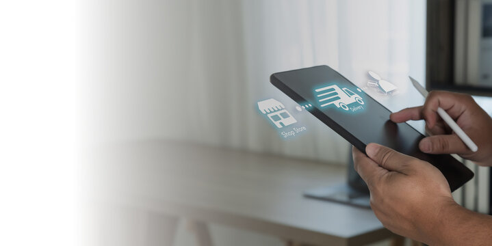 Order tracking delivery on tablet for logistics, online shipping, courier status and package service, with copy space for ecommerce ads, app banners, fulfillment pages, and delivery marketing.