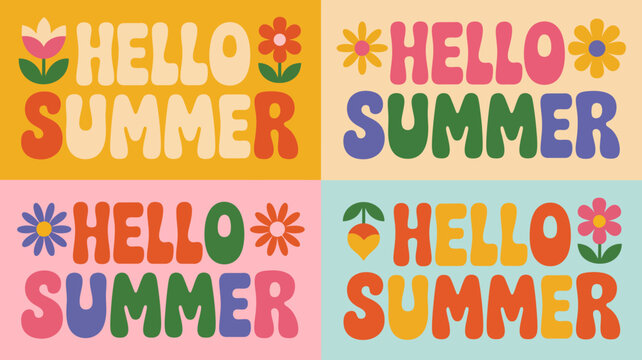 A vibrant colorful graphic design features the phrase hello summer repeated in four panels each with unique floral illustrations high quality professional detailed modern elegant stylish