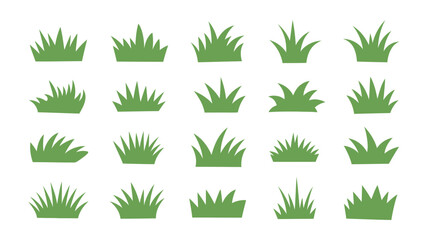 An assortment of vibrant green grass tufts are arranged on a plain white background displaying varying shapes and sizes high quality professional detailed modern elegant stylish © Peradox