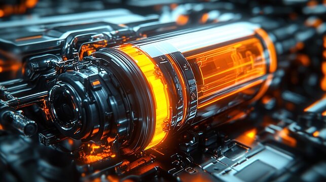 glowing orange energy core cylinder nestled in intricate metallic circuitry with reflective rings conveying intense futuristic power and high-tech precision