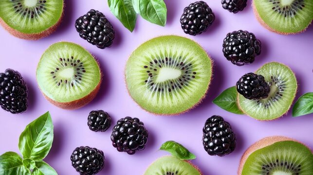 fresh sliced kiwi halves and ripe blackberries scattered with green basil leaves on a pastel purple background, bright and refreshing