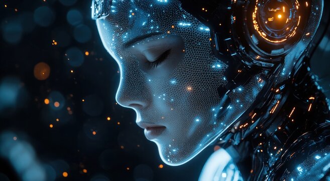 Reflective futuristic android head with glowing blue and orange lights, floating particles and soft bokeh evoking awe and mystery