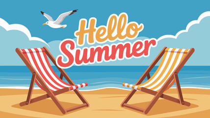 A vibrant illustration depicts two deck chairs on a sandy beach under a clear blue sky with a seagull flying overhead high quality professional detailed modern © Peradox