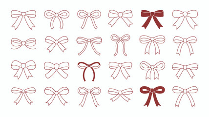 An assortment of delicate bow illustrations are displayed with most appearing as simple line drawings and two shown in a rich red hue high quality professional © Peradox