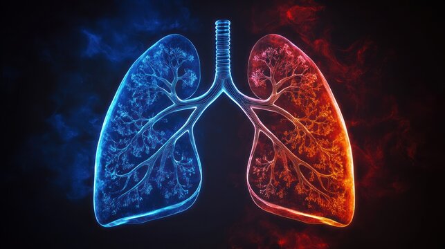 Glowing anatomical lungs with trachea and branching bronchi, left lung icy blue and right lung fiery red against smoky dark background, dramatic tense contrast