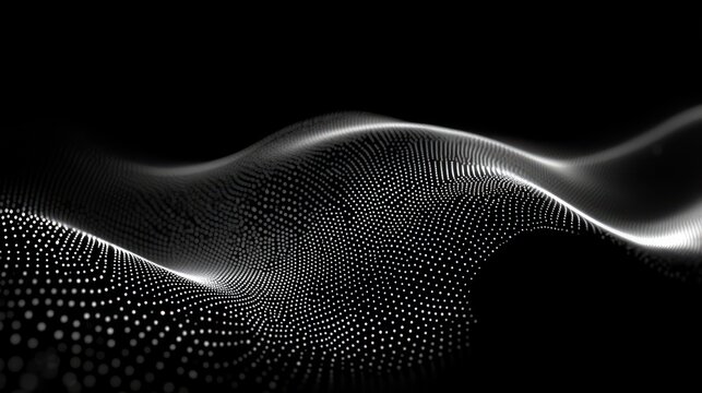 glowing field of white dots forming a flowing wavy mesh on a black background, evoking a serene, mysterious digital landscape of particles and light