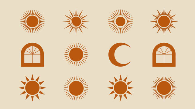 An arrangement of stylized sun and moon illustrations in warm earthy tones dominates the image creating a celestial pattern high quality professional detailed modern elegant stylish