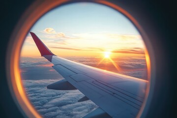 Fototapeta premium airplane wing framed by oval window above soft clouds at golden sunrise, warm glowing sky and peaceful, awe-inspiring travel moment