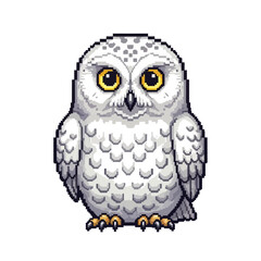 Fototapeta premium Charming pixel art snowy owl illustration featuring a cute arctic bird with bright yellow eyes and white feathers, perfect for game assets, stickers, or whimsical winter-themed digital designs