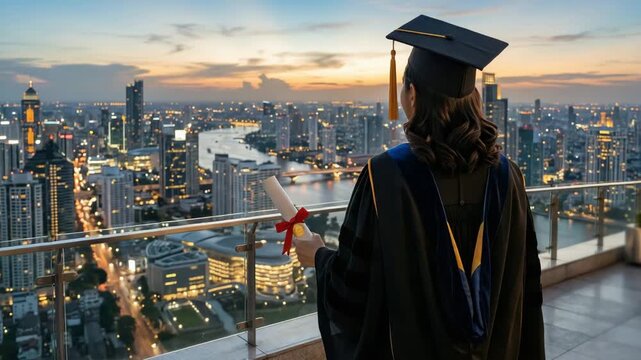 Graduate woman with diploma looking at city skyline future