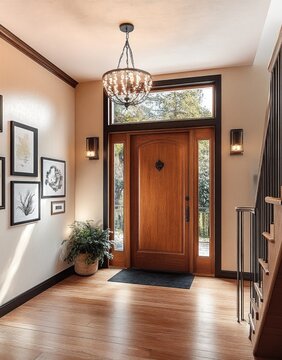 Warm, inviting foyer with wooden front door flanked by glass sidelights and transom, crystal chandelier, wall sconces, framed gallery wall, potted plant, hardwood floors and staircase