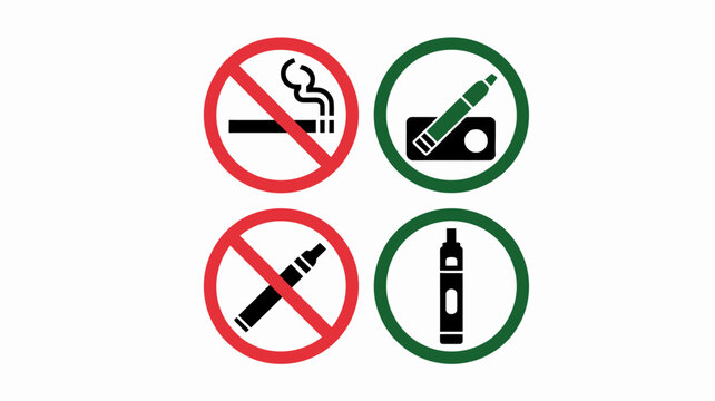 This image displays four circular icons two prohibit smoking and vaping while two permit e cigarette and vape use high quality professional detailed modern elegant stylish