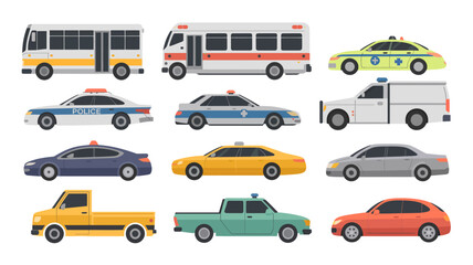A colorful illustration depicts various types of vehicles including buses police cars taxis vans and trucks in a flat design high quality professional detailed modern elegant © Peradox