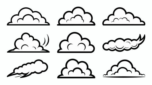 A collection of nine black and white cartoon clouds in various shapes and sizes representing weather and atmospheric conditions high quality professional detailed modern elegant stylish