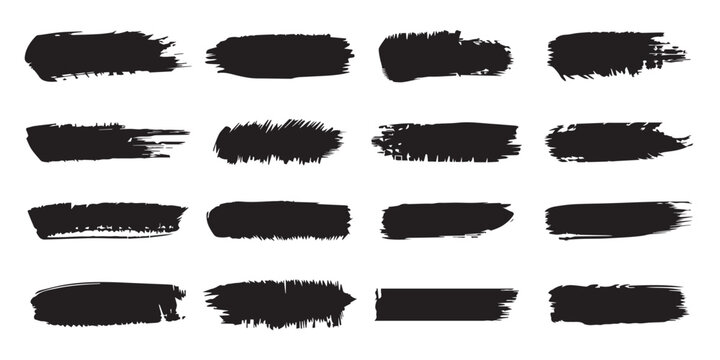 Black grunge brush stroke set. Redacted text censorship bars and rough ink line dividers. Vector paint strikethrough pack.