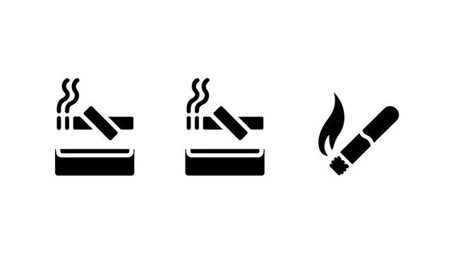 A set of three black silhouette icons depicting cigarettes one in an ashtray one angled and one burning with flames high quality professional detailed modern elegant