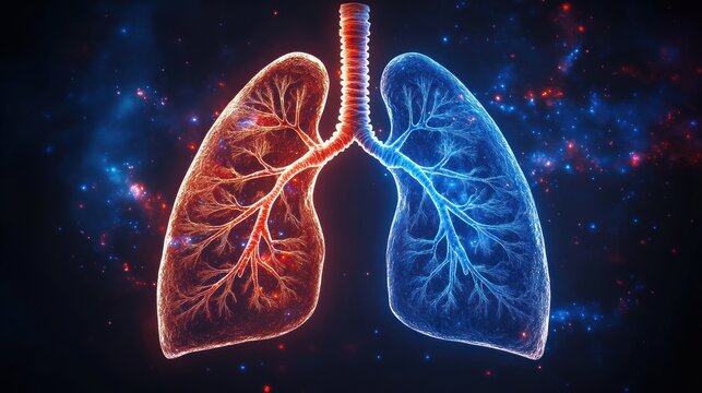 Glowing human lungs split into red and blue halves with visible bronchi and trachea against a starry cosmic background, conveying contrast, vitality and tension