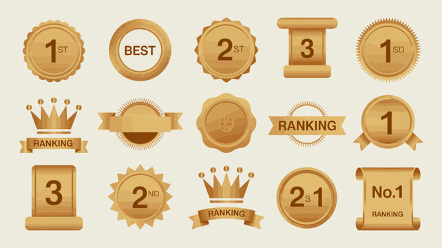 A collection of golden award ribbons badges and scrolls visually represent various rankings and achievements including first second and third place high quality professional detailed modern