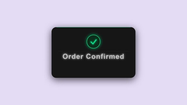 A close-up shot of a black order confirmed screen with a green checkmark on a light purple and white background.