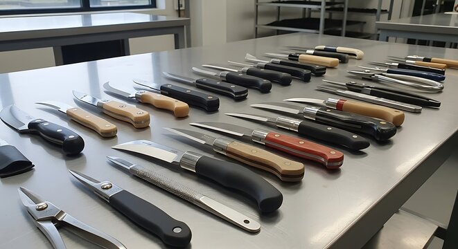 Variety of chisels and tools on a metal workbench in a workshop or studio