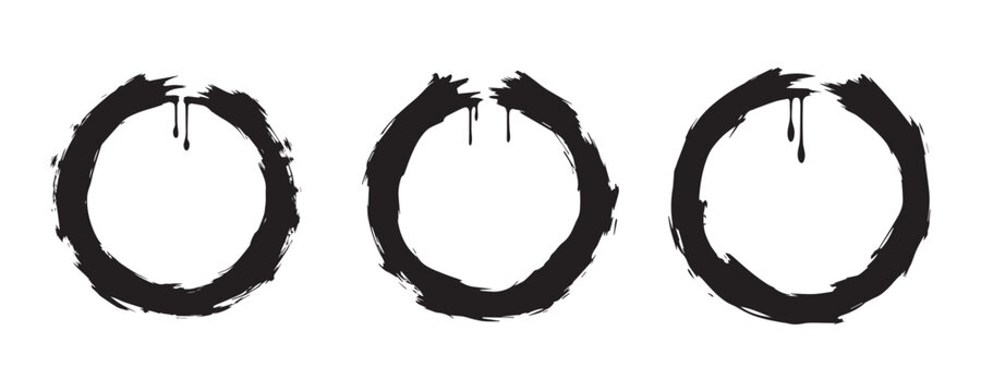 Grunge circle brush frame set. Black ink ring vector elements.