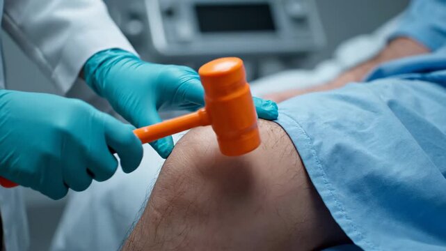 A doctor in blue gloves uses an orange reflex hammer to test a patient's knee reflex during a medical examination in a clinic.