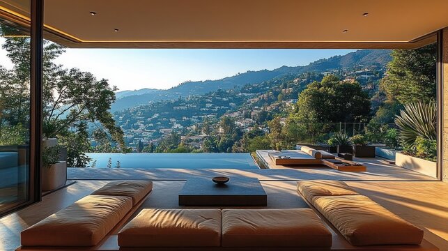 Modern open living room with low lounge cushions, low square coffee table and infinity pool opening to a panoramic hillside and mountain view, tranquil warm sunlight and luxury calm