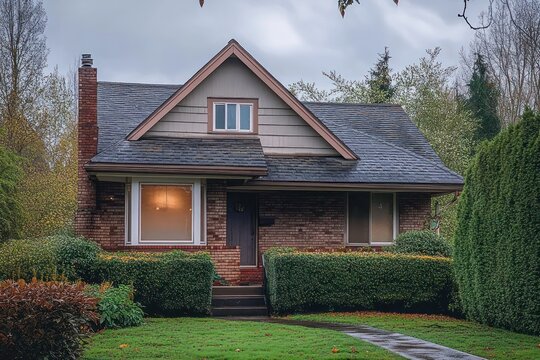 brick suburban cottage with gabled roof and chimney, trimmed hedges, wet green lawn, warm glowing window and quiet cozy mood under an overcast sky