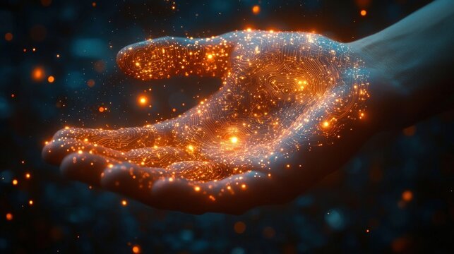 Outstretched hand cradling glowing orange circuitry and sparkling particles, evoking wonder and futuristic energy