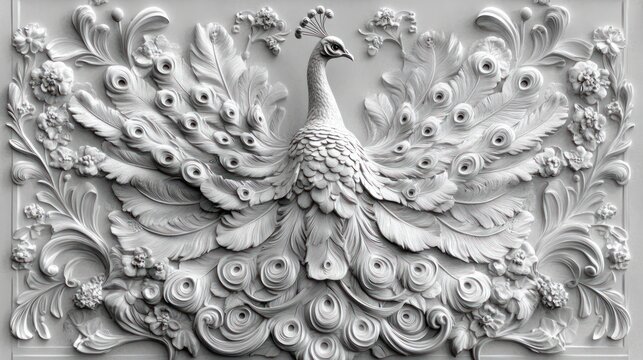 majestic peacock bas-relief with fanned feathers, swirling floral scrolls and leaves on an ornate monochrome decorative wall panel, elegant and regal