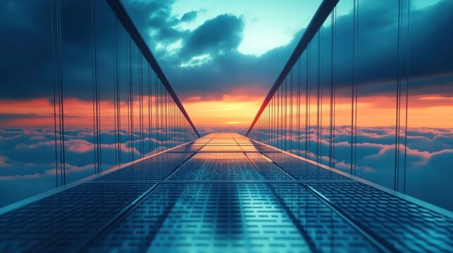 A glass walkway extends toward a glowing sunset above the clouds, flanked by metal rails and a reflective floor, creating a dramatic sense of height and awe