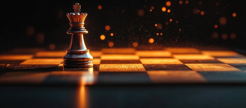 Solitary wooden king chess piece on illuminated chessboard with warm golden bokeh evoking triumph and contemplative solitude