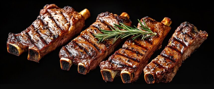 four glazed grilled beef short ribs with charred bones and fresh rosemary on a dark background, savory and indulgent