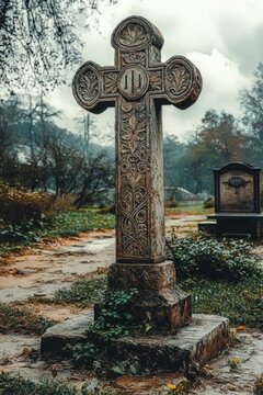 weathered carved stone cross gravestone with ornate floral patterns in a misty overcast cemetery, mossy base and damp path conveying a somber melancholic mood