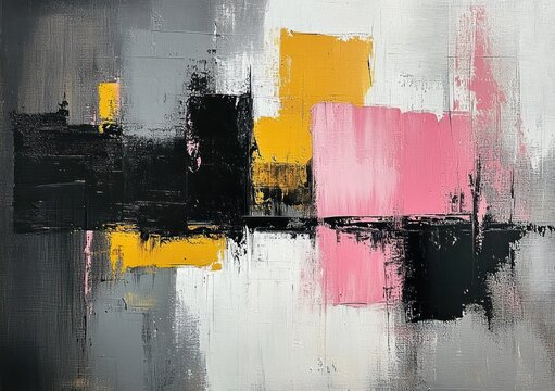 textured abstract painting of black, pink and yellow rectangular blocks on gray and white background with bold palette knife strokes, energetic and modern feel