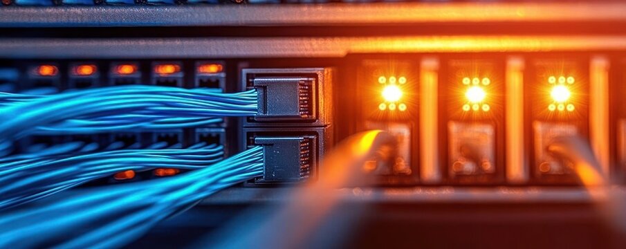 Close-up of blue fiber optic cables plugged into network ports with glowing orange status lights, conveying dynamic high-speed connectivity