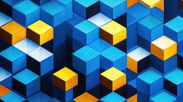 three-dimensional blue and yellow cubes forming a geometric grid with deep perspective and a vibrant, playful rhythmic pattern