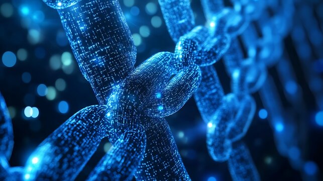 Abstract digital blockchain chain concept with glowing blue light