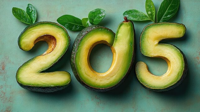 fresh avocados carved into the numbers 205 with glossy leaves and water droplets on a teal background, playful and appetizing still life