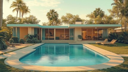 Fototapeta premium Serene modern villa with a curved blue pool, glass walls, palm trees, and a sunny tropical yard.